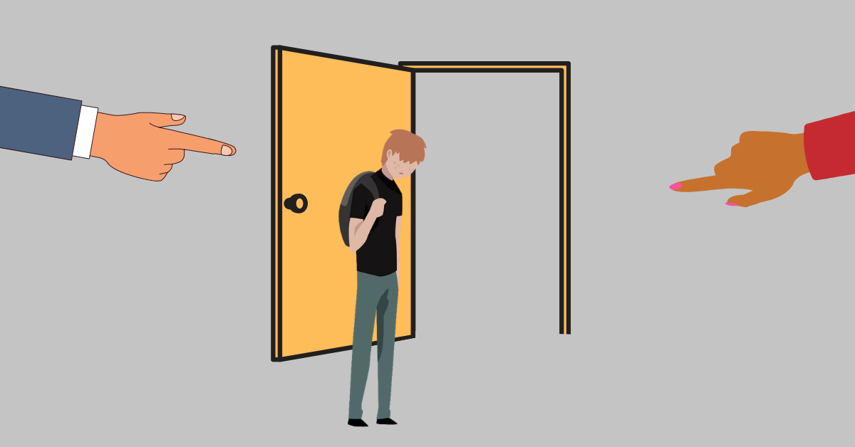 graphic design - student with backpack looking down while two hands point to the door, telling him to leave
