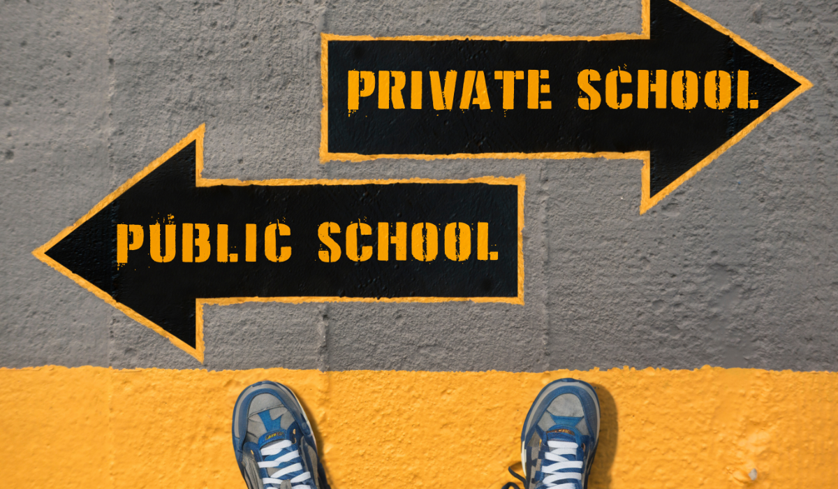 arrows pointing in opposite directions, one saying PRIVATE SCHOOL the other saying PUBLIC SCHOOL. and tennis shoes