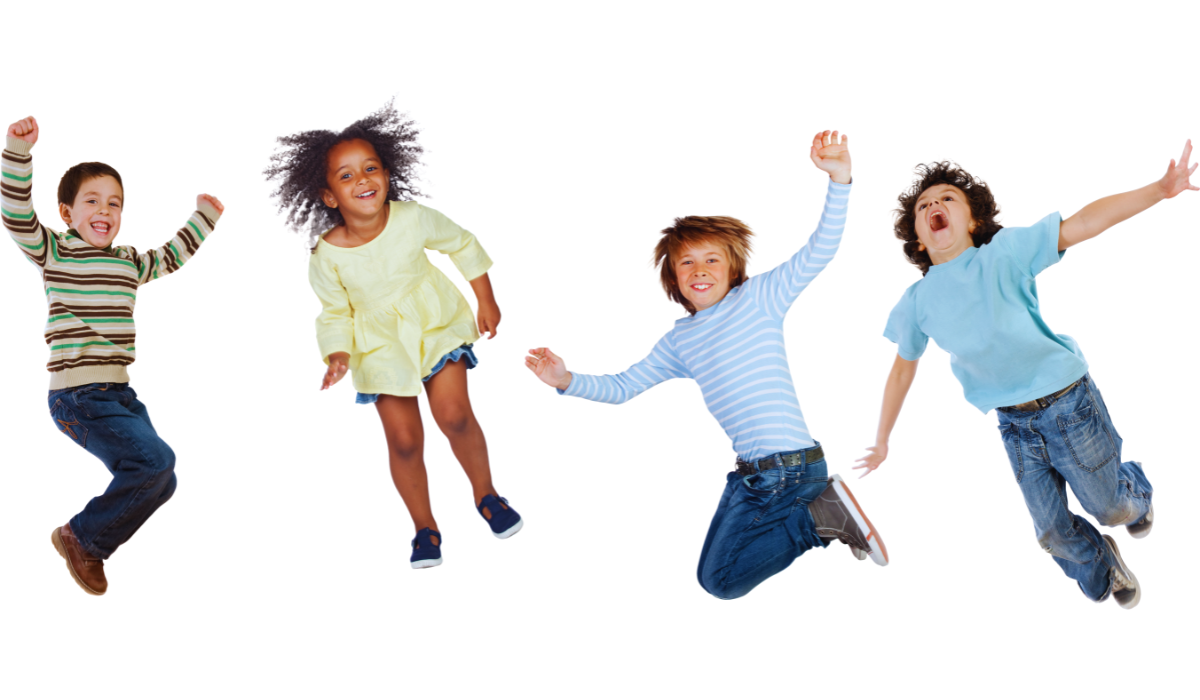 3 boys and a girls suspended in mid air, jumping