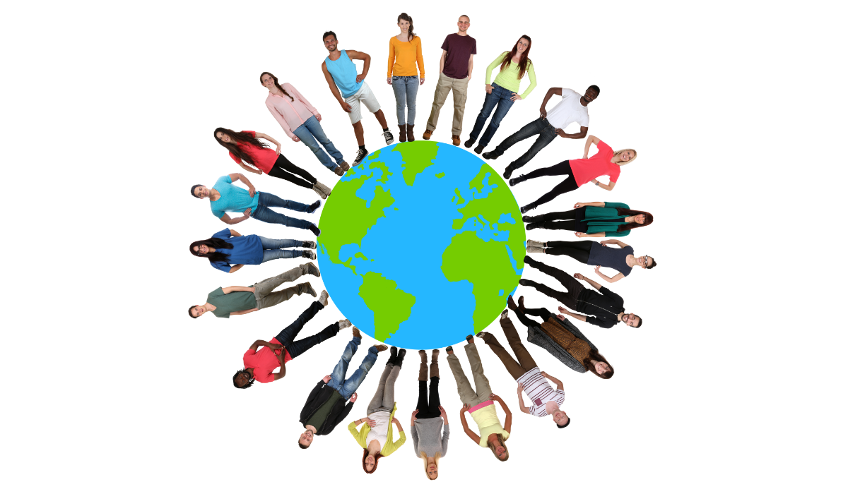 People of different ethnicities standing around the circumference of a globe graphic of the world