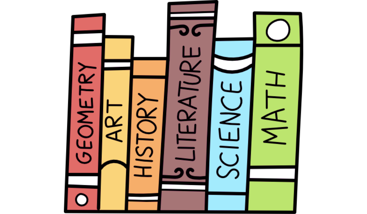 a row of school books showing different courses like geometry, art, history, literature, science, math