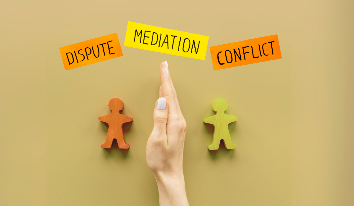 graphic with a hand between two representations of people, with the words dispute, mediation, and conflict shown above