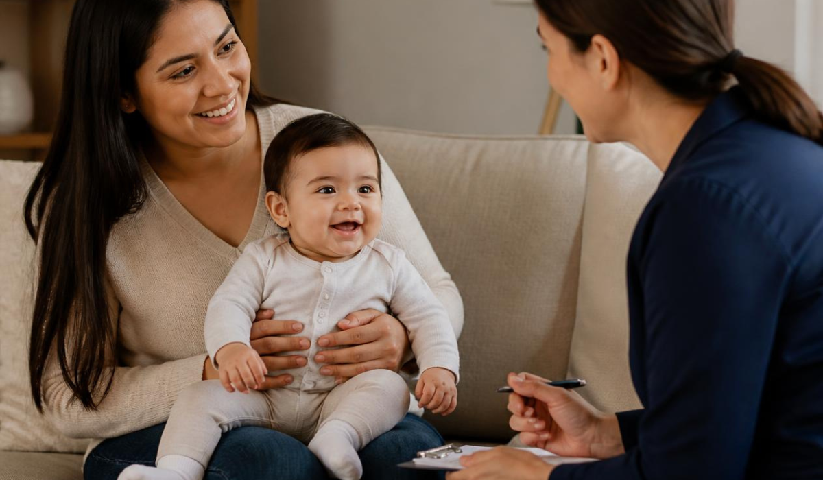 parent and baby talking with in home educator